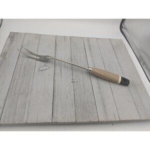 Vintage EKCO Halo Solid Meat Utility Fork Tan Wood Handle 12 3/4"